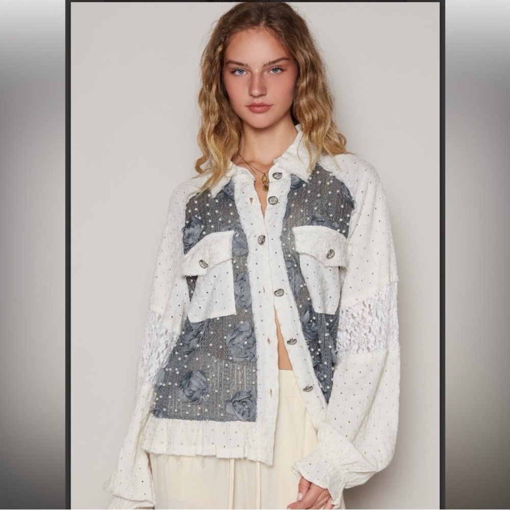 NEW - POL Cream and Gray Jacket with Lace Eyelets Embroidery and Pearl Details